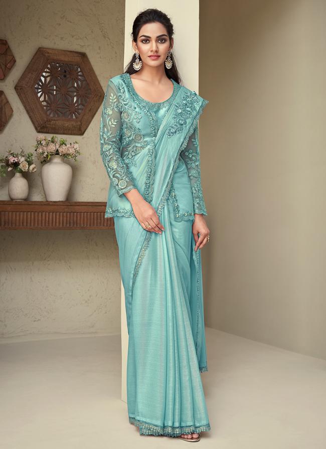 Rainbow Shimmer  Sky Blue Party Wear Embroidery Work Saree